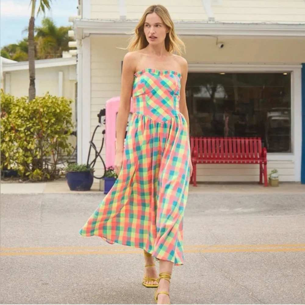 HUNTER BELL Strapless Plaid Maxi Dress in Bright Multi | Poshmark