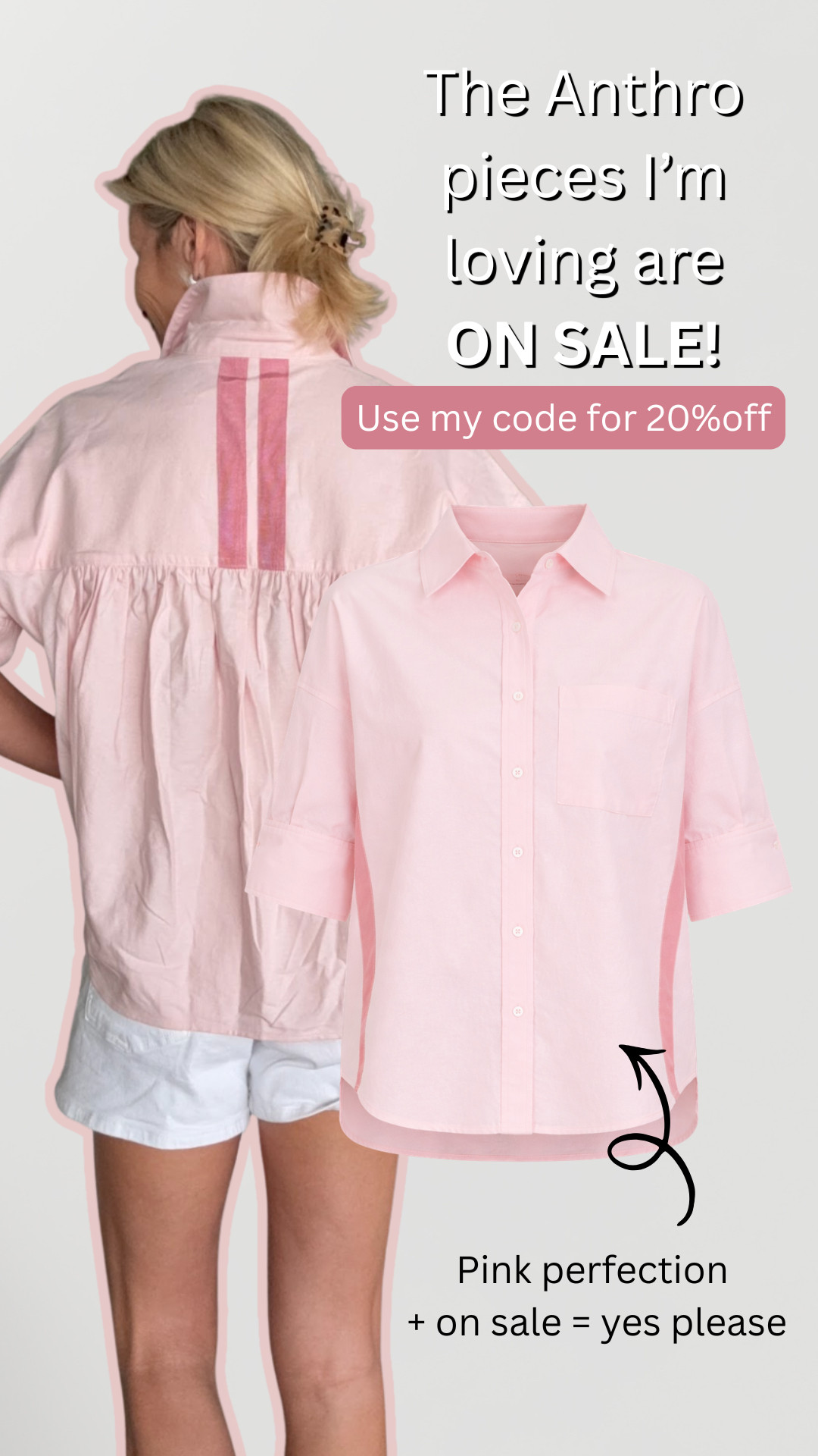 Pink perfection 💕 This Anthropologie button-down top is such an easy summer outfit staple. I love the relaxed oversized fit paired with denim shorts for a casual chic everyday look. Perfect for vacation outfits, weekend style, brunch looks, and effortless over 40 fashion.

Plus it’s ON SALE ✨ Use my code ANGELA20 for an extra 20% off. 

 #LTKootd #LTKOver40 #LTKSaleAlert