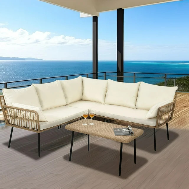 Dextrus 4-Piece Patio Furniture Set, Wicker Outdoor Bistro Set, Boho Woven Sectional L-Shaped Pat... | Walmart (US)