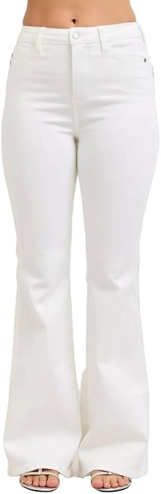 Judy Blue High Rise Tummy Control Flare Jeans in White 33" Inseam Jeans- Ivory Gem | Amazon (US)