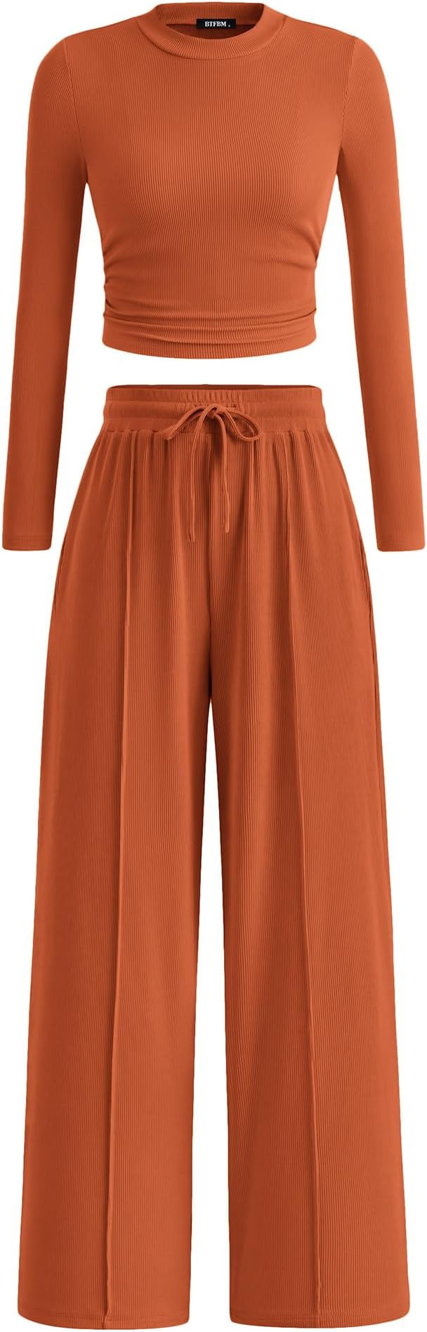 BTFBM Casual 2 Piece Sets For Women Fall Outfits 2026 Ribbed Spring Long Sleeve Crop Top Wide Leg... | Amazon (US)