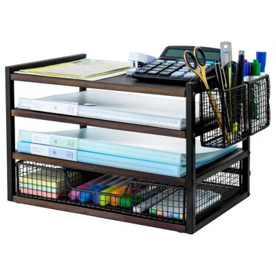 4 Tier Wood Metal Desk Organizer with Metal Accessory Tray | Wayfair North America
