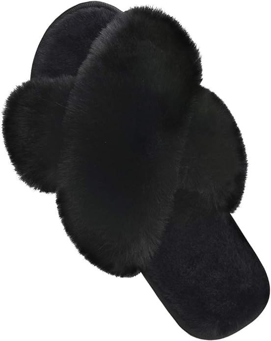 DL Womens Cross Band Soft Plush Slippers Furry Fleece Slip on Slippers Open Toe House Shoes Slide... | Amazon (US)