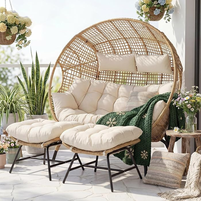 Oversized Double Wicker Egg Chair with Ottoman, Extra Large 2 Seater Loveseat with Foot Stool Ins... | Amazon (US)