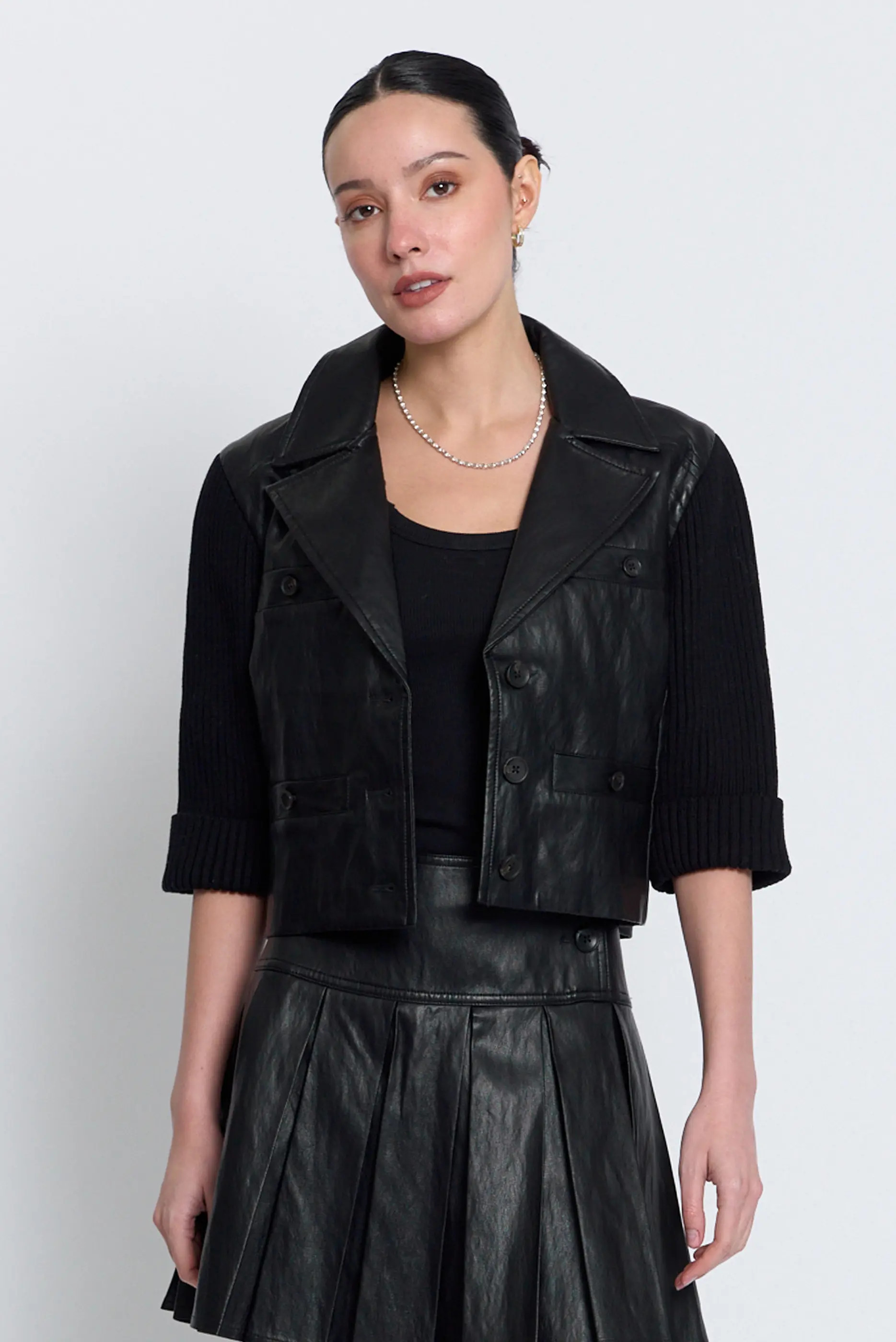 Central Park West Quinn Cropped Vegan X Sweater Jacket in Black at Nordstrom, Size Medium | Nordstrom