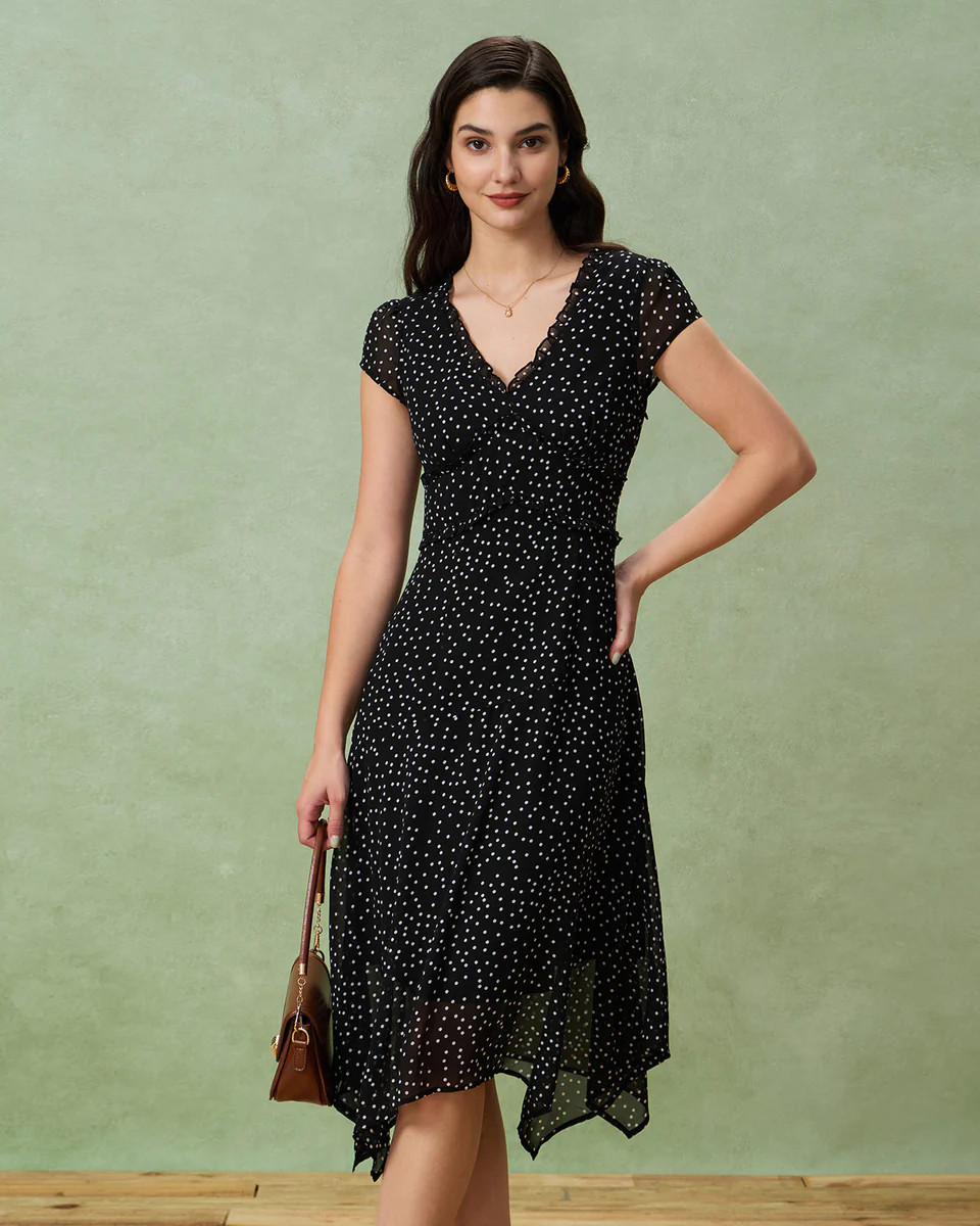 Black V Neck Polka Dot Midi Dress | rihoas.com