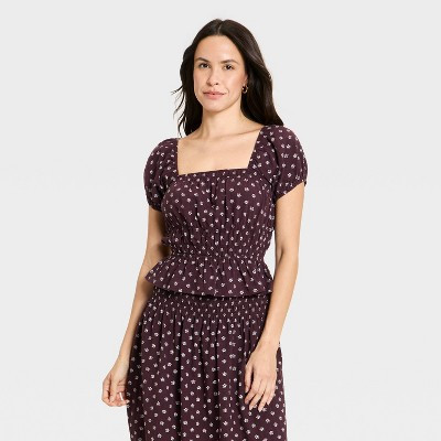 Women's Short Sleeve Printed Blouse - Universal Thread™ Purple Floral S | Target