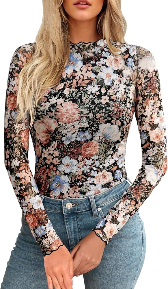 Women's Lace Mesh Top Long Sleeve Mock Neck Undershirt Sheer Blouse See Through Undershirt Party ... | Amazon (US)