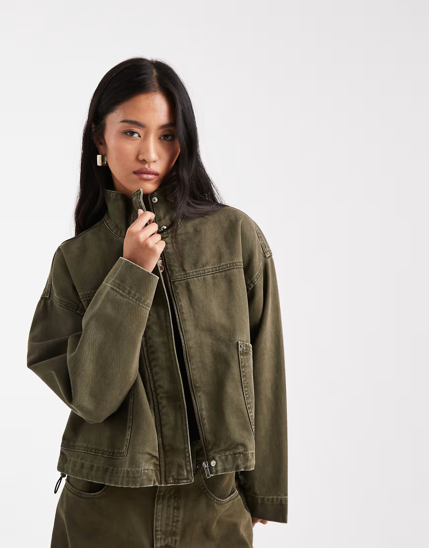 ASOS DESIGN denim funnel neck jacket in khaki - part of a set-Green | ASOS (Global)