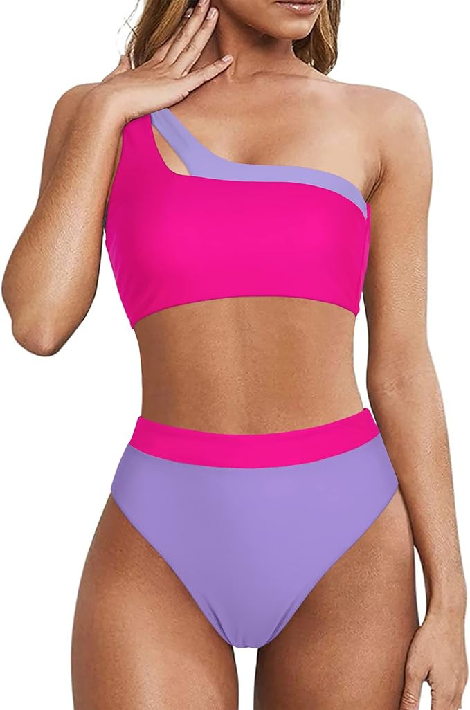 MOOSLOVER Women Cutout One Shoulder High Waisted Bikini High Cut Two Piece Swimsuits | Amazon (US)