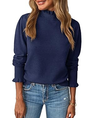 Saodimallsu Womens Ruffle Mock Neck Sweater Puff Long Sleeve Fall Soft Knit Casual Pullover Sweat... | Amazon (US)