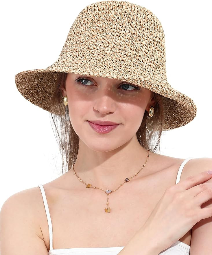 Womens Straw Sun Hat Wide Brim Hand Woven Foldable Beach Bucket Hat for Summer Travel UV Protecti... | Amazon (US)