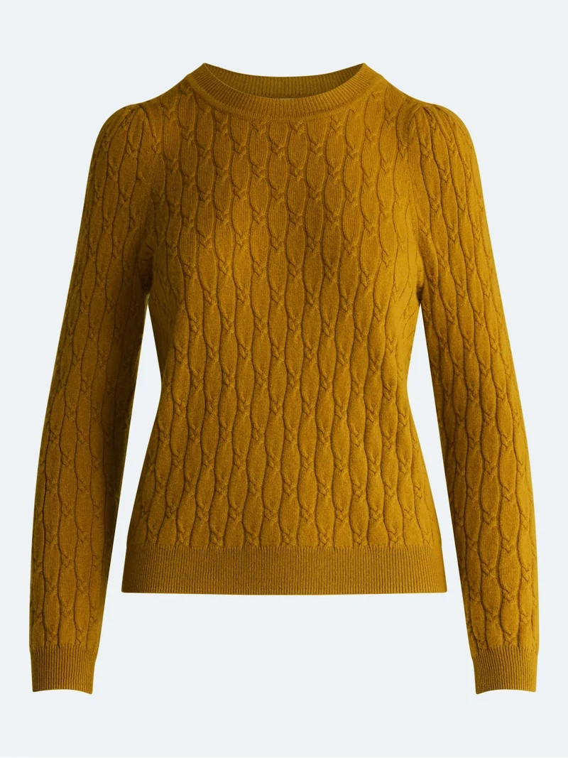 Free Assembly Women's and Women's Plus Cashmere Cable Knit Sweater with Puff Sleeves, Midweight, ... | Walmart (US)