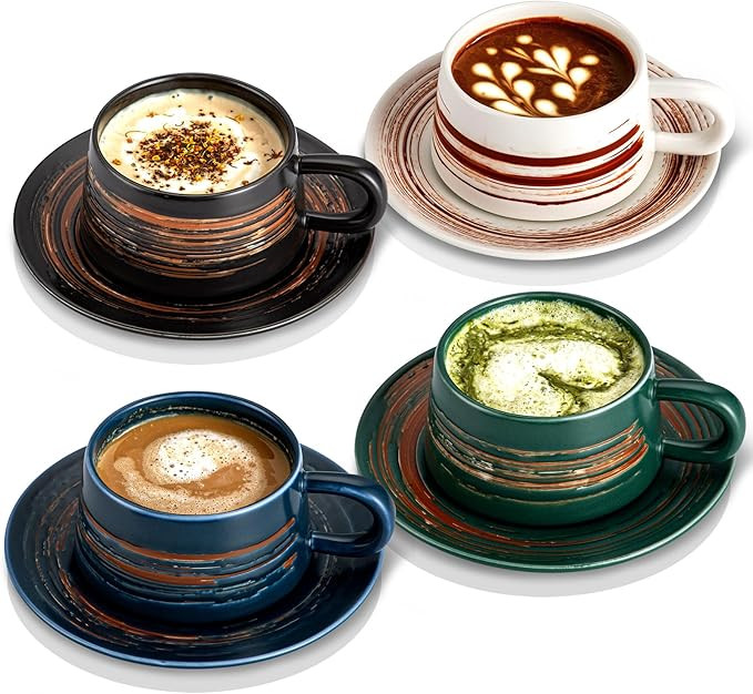 YUN TAO 8 Oz Ceramic Cappuccino Cups with Saucers Set of 4, Traditional Italian Style Coffee Cups... | Amazon (US)