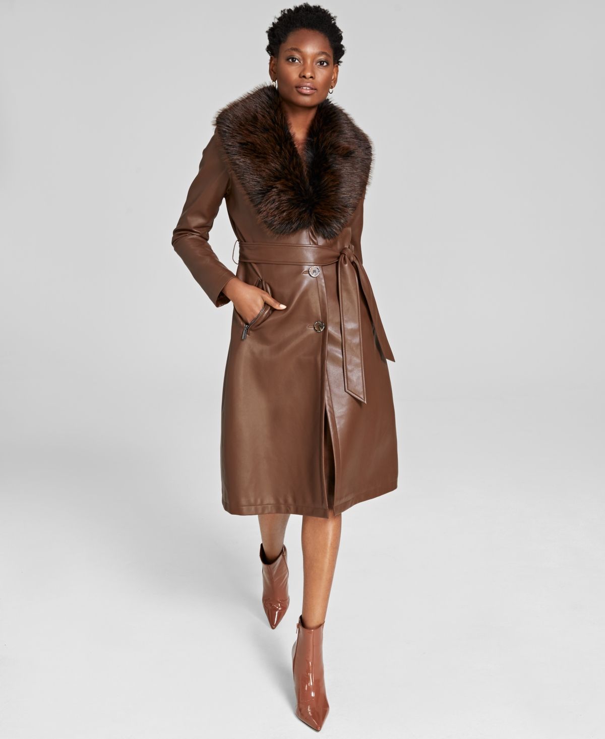 Kenneth Cole Women's Faux-Fur-Trim Faux-Leather Coat | Macys (US)
