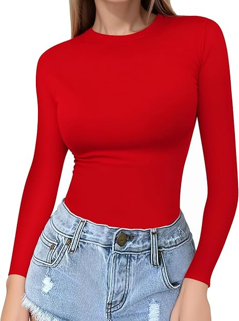 MANGOPOP Crew Neck Long Sleeve T Shirts for Women Fitted Shirts Tight Neck T Shirts Basic Tee Top... | Amazon (US)