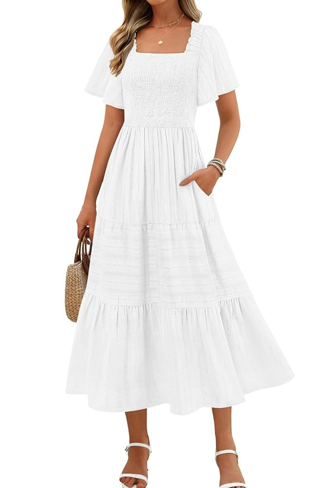 MEROKEETY Women's 2025 Summer Flowy Midi Maxi Dress Short Sleeve Square Neck Smocked Tiered Ruffl... | Amazon (US)