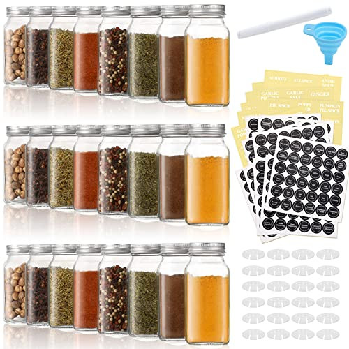 AOZITA 24 Pcs Glass Spice Jars/Bottles - 6oz Empty Square Spice Containers with Spice Labels - Shaker Lids and Airtight Metal Caps - Silicone Collapsible Funnel Included | Amazon (US)