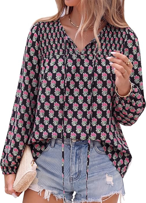 KIRUNDO Boho Tops for Women Trendy 2026 Fall V Neck Floral Peasant Blouse | Amazon (US)