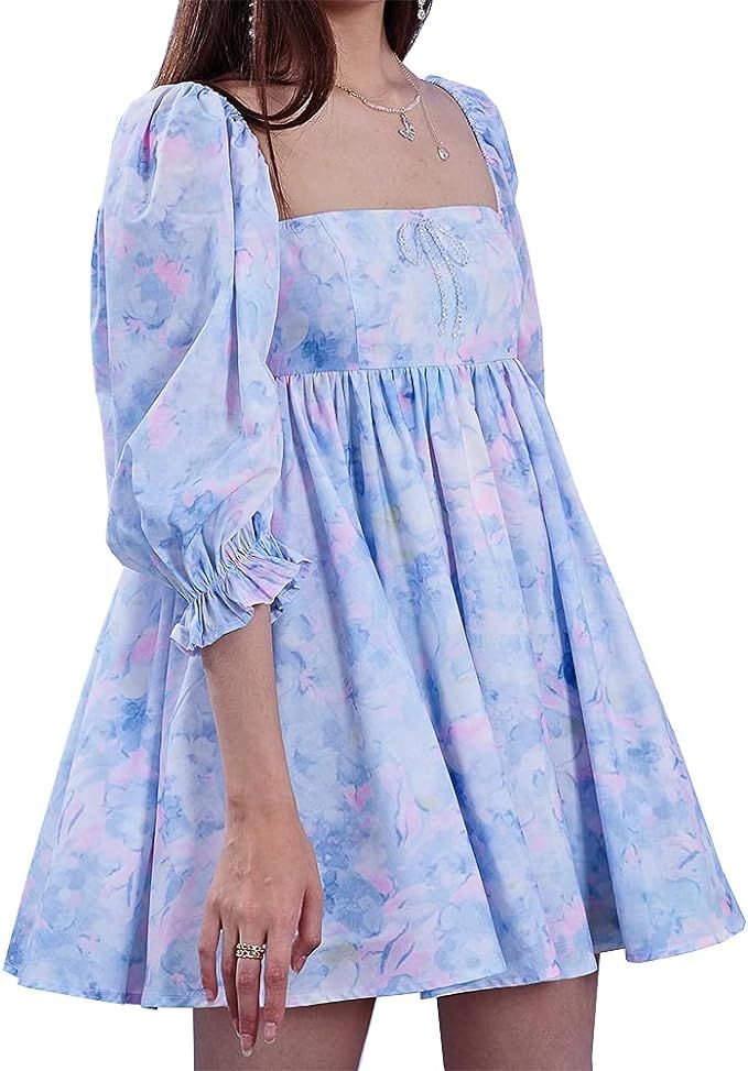 Watercolor Puff Sleeve Dress Pastel Floral Print Mini Bow Tie Dress | Amazon (US)