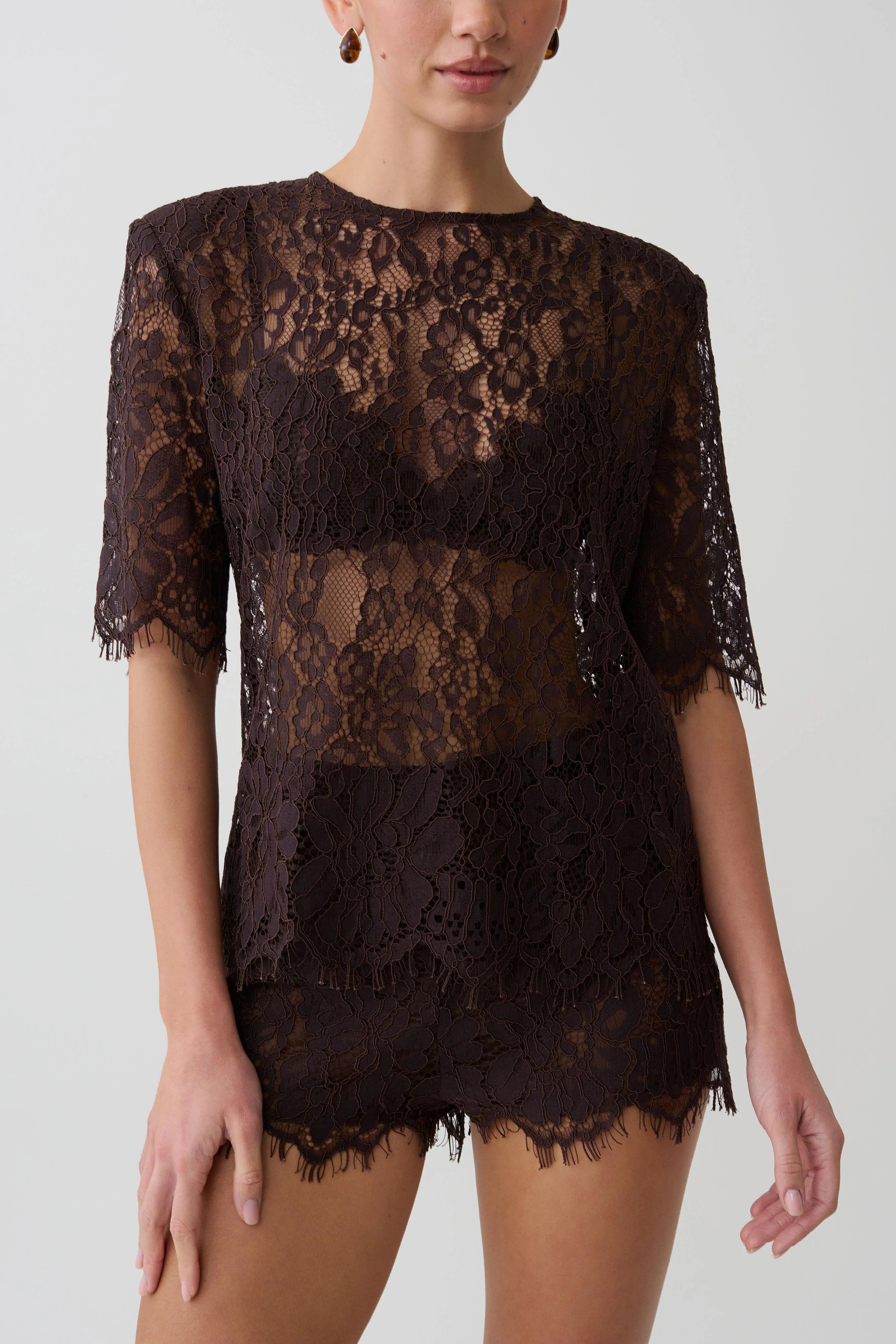 Harlyn Shoulder Pad Short Sleeve Lace Top - Dark Chocolate | Meshki UK