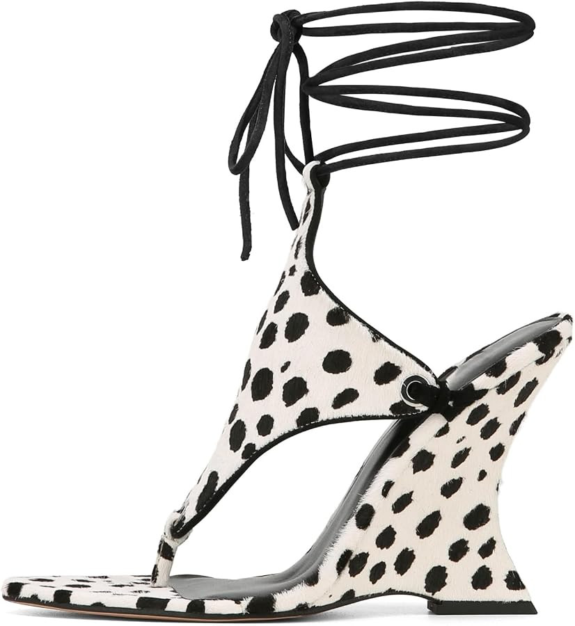 Goolita Suede Women's Wedge Flip Flop Sandals Open Pointed Toe Lace Up Strappy Heels Thong Sandals Summer Ankle Wrap Dressy Evening Shoes | Amazon (US)