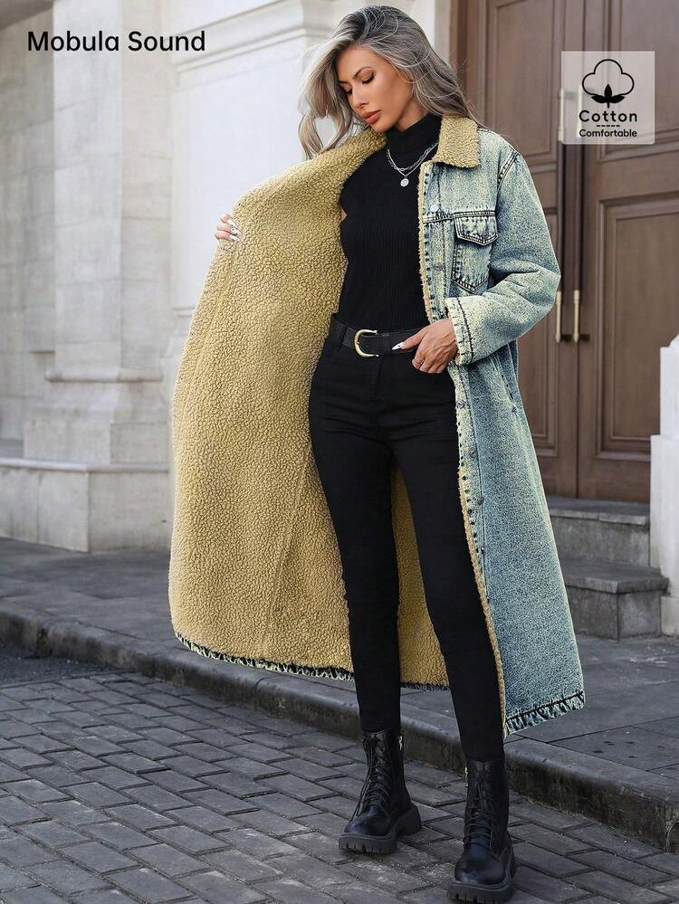 Mobula Sound Fashionable Casual Thermal-Lined Long Denim Jacket For Women, Suitable For Autumn/Winter | SHEIN