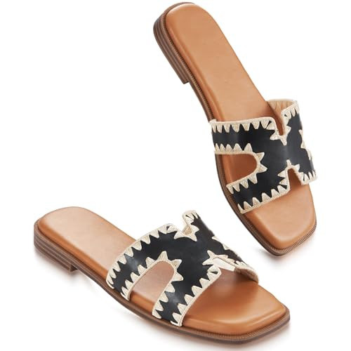 Amazon.com | KENMITDY Womens Sandals Slip On Fashion Flat Sandals Soft Memory Foam Slides Comfort... | Amazon (US)