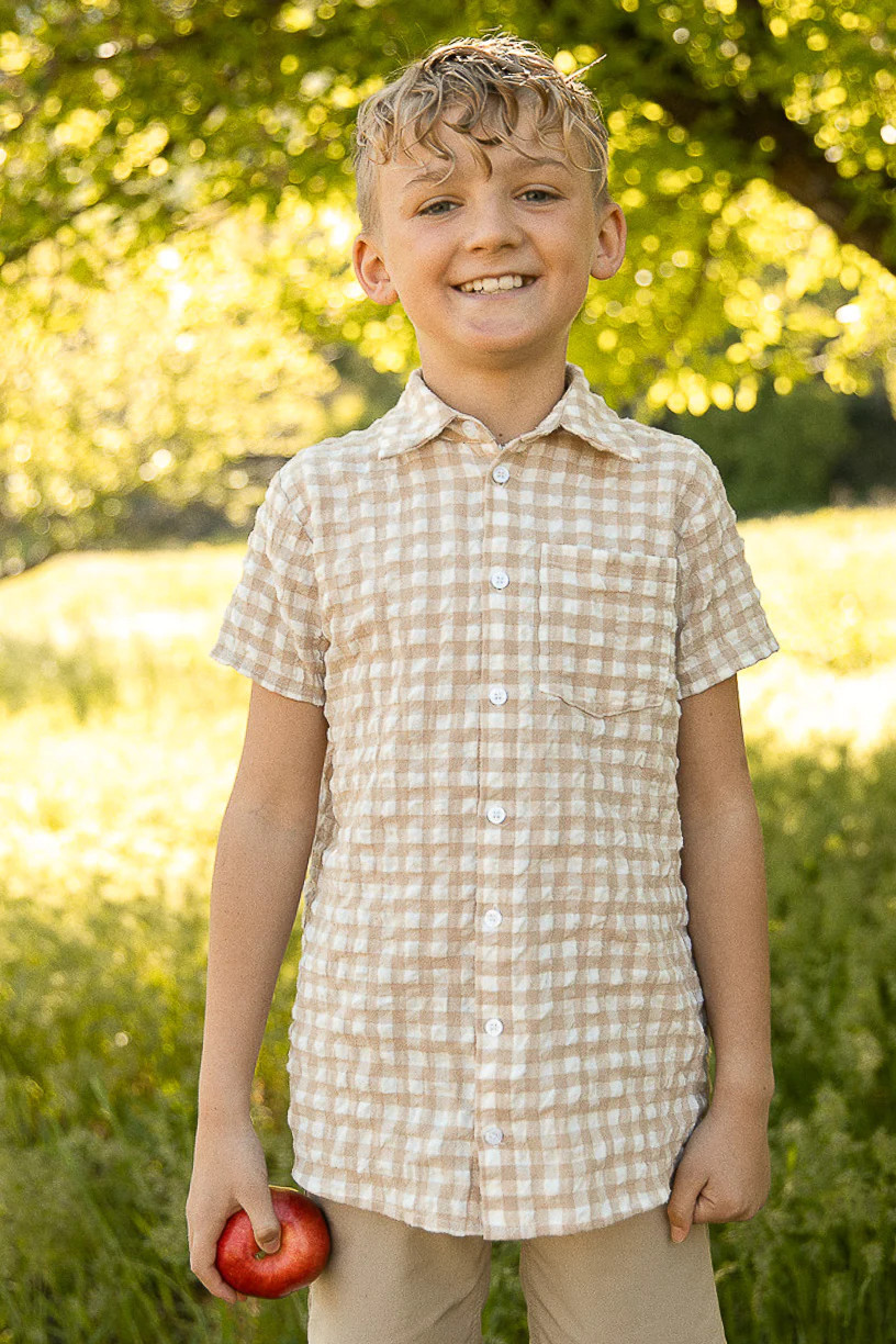 Madeline Boys Shirt in Tan Gingham | Ivy City Co