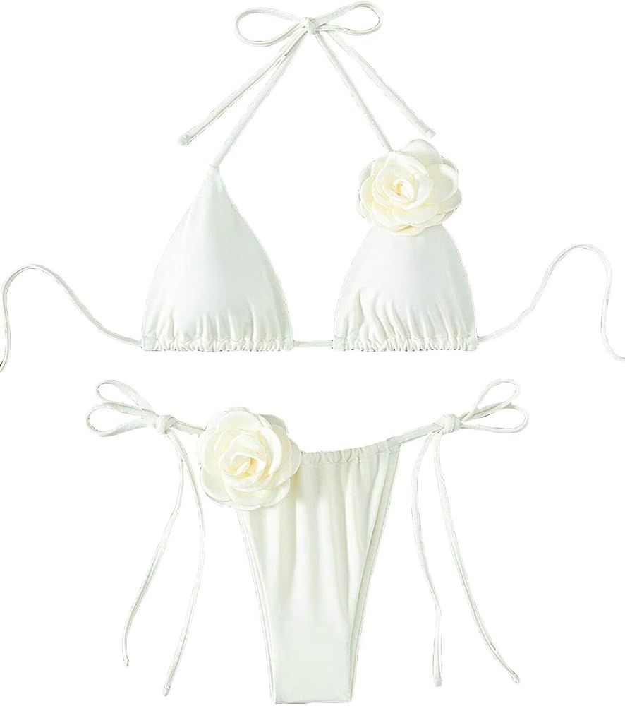 Falainetee Women's Floral Appliques Cute Bathing Suit High Waisted Triangle Tie Side Swimsuit Bik... | Amazon (US)