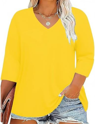 Plus Size V Neck 3/4 Sleeve Tops Women Shirts Tunic Loose Fit Casual Tee | Amazon (US)