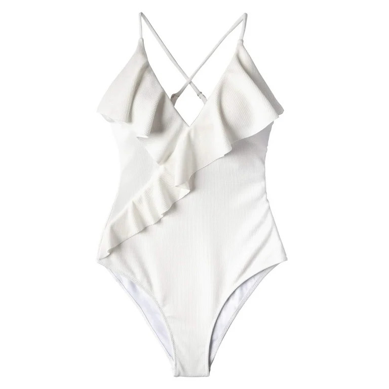 Cupshe Women's White Ruffled One Piece Swimsuit Plunging Neckline Monokini, M | Walmart (US)