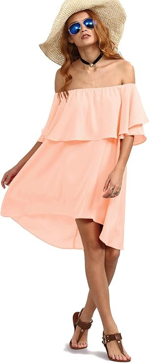 Romwe Women's Off The Shoulder Ruffle Casual Loose Shift Dress | Amazon (US)