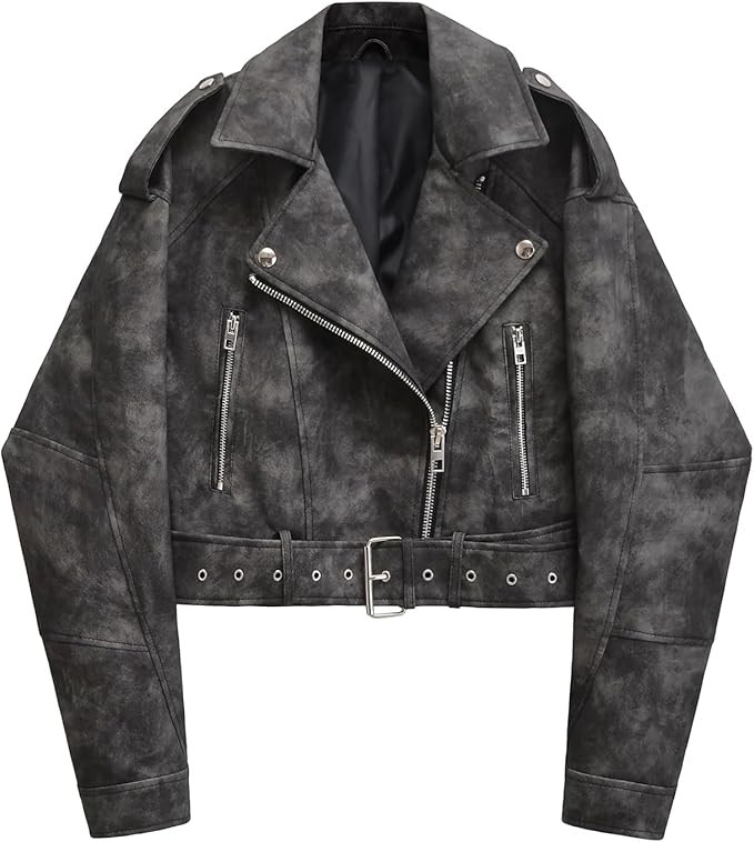 LY VAREY LIN Women Faux Leather Cropped Jacket Casual Bomber Biker Short Coat with Belt | Amazon (US)
