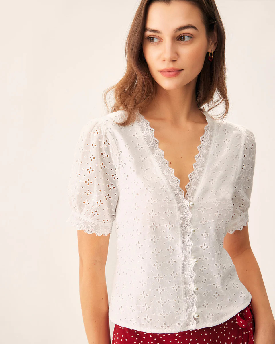 White Embroidery Puffed Sleeve Blouse | rihoas.com