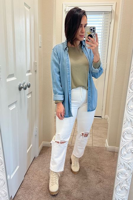 Transition from winter to spring outfit. Spring outfits. Abercrombie jeans. White jean outfit. Casual style. Spring color top. Petite outfit. Curvy outfit. Short girl style. Curvy girl. High rise jeans. SAHM styles. Running errands. 

Wearing a size M in jean button up. 28P in jeans. 

#LTKSpringSale #LTKstyletip #LTKsalealert