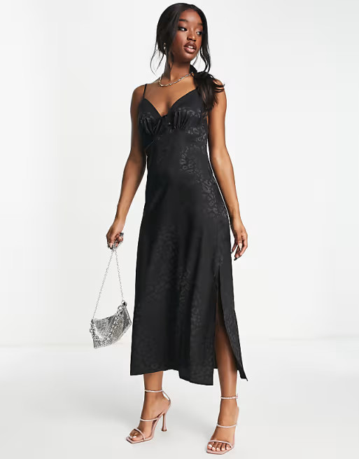 ASOS DESIGN jacquard midi slip dress in black animal | ASOS (Global)