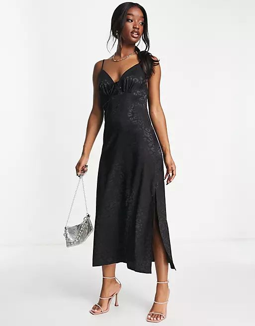 ASOS DESIGN jacquard midi slip dress in black animal | ASOS (Global)