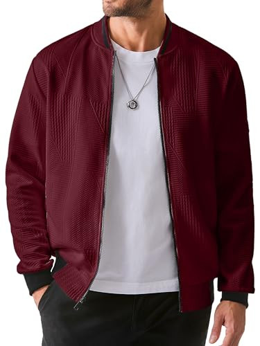 JMIERR Men's Casual Jacquard Burgundy Bomber Jackets Color-Block Lightweight Varsity Jacket 2024 Stylish Zipper Coat with Pockets,US40(M),Burgundy | Amazon (US)