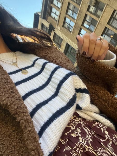 Fall look: maxi striped sweater and teddy coat 

#LTKshoecrush #LTKstyletip #LTKfit