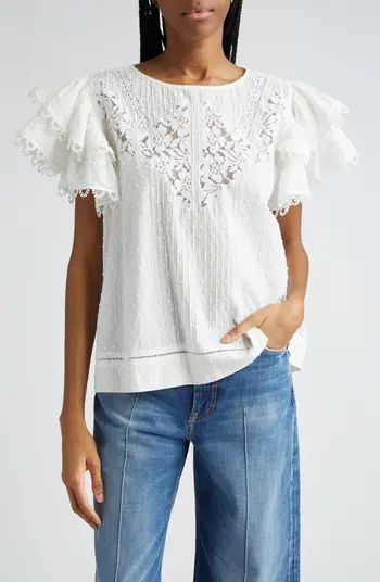 FARM Rio Clip Dot Lace Accent Flutter Sleeve Top | Nordstrom | Nordstrom