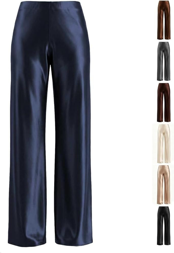 Women Satin Wide Leg Dress Pants Hidden Elasticized Waistband Silk Pants | Amazon (US)