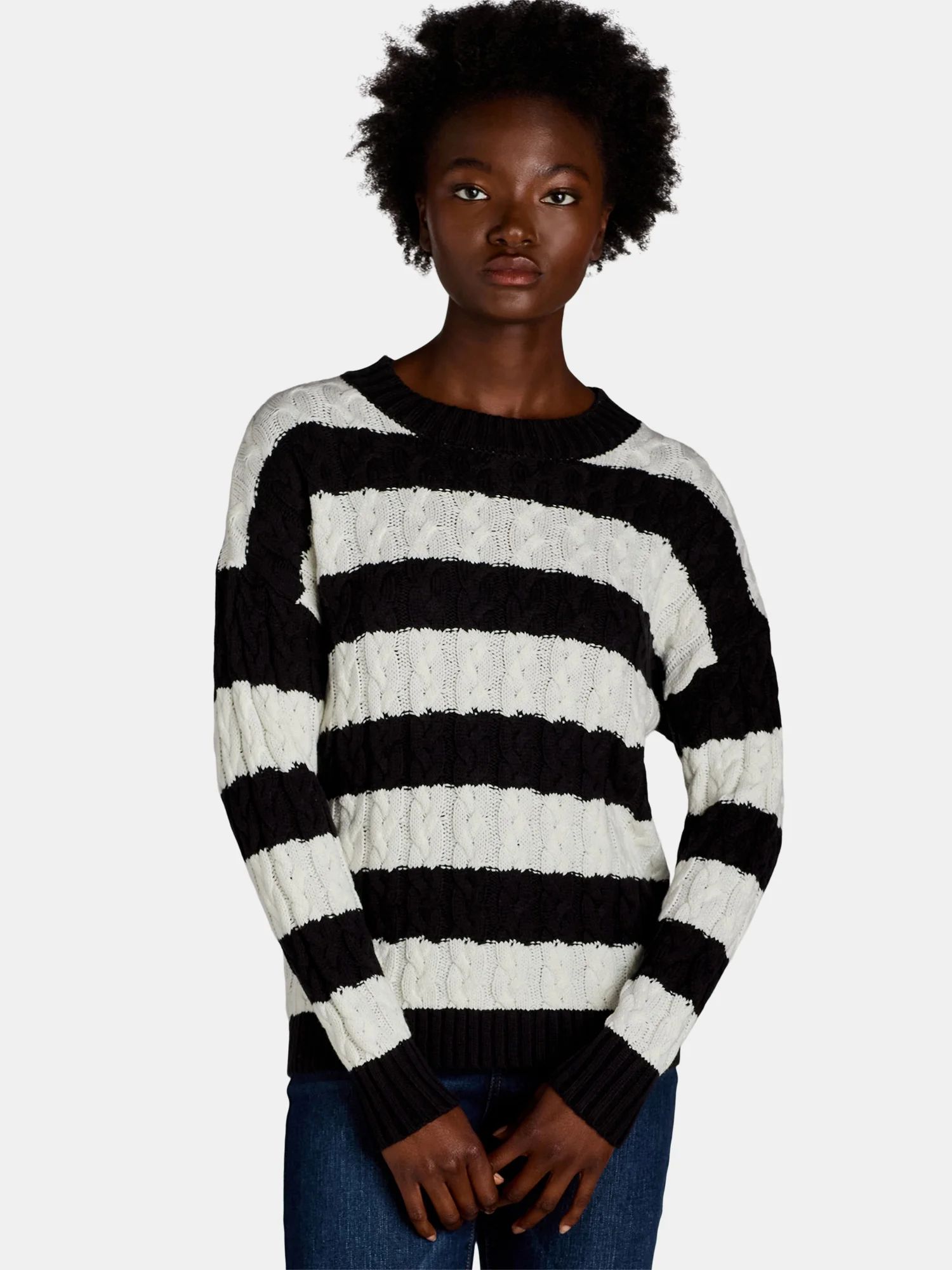 Time and Tru Women's and Women's Plus Stripe Crew Neck Pullover Sweater, Sizes XS-4X - Walmart.co... | Walmart (US)