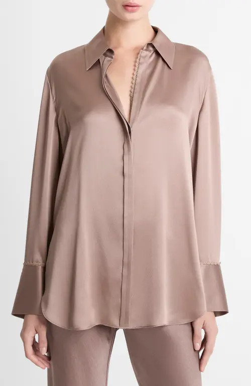 Vince Relaxed Lace Trim Placket Silk Satin Button-Up Shirt in Mauve Lilac at Nordstrom, Size Small | Nordstrom
