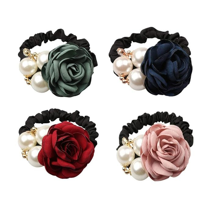 LOVEF 4Pcs Korean Fashion Pearl Hair Rope Rose Flower Rhinestone Hair Ties/ Jewelry Rubber Band | Amazon (US)