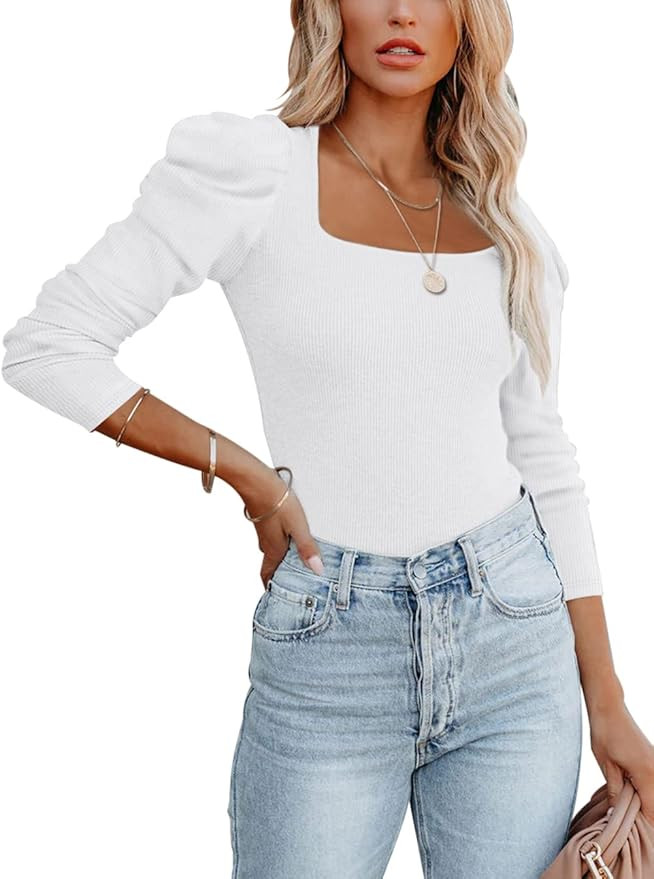 REORIA Women's Elegant Square Neck Puff Long Sleeve Ribbed Slimming Thong Bodysuit Tops Jumpsuit | Amazon (US)