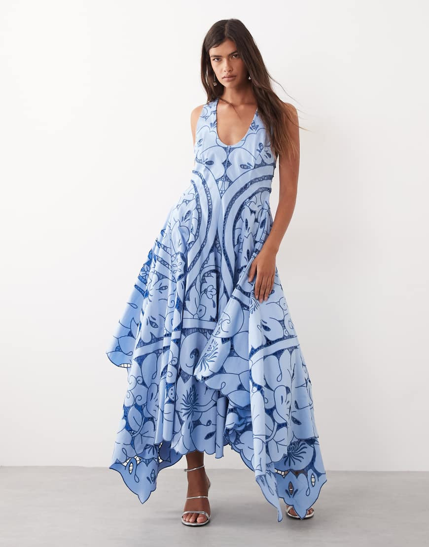 ARRANGE floral cutwork embroidered square cut hem maxi dress in blue | ASOS (Global)