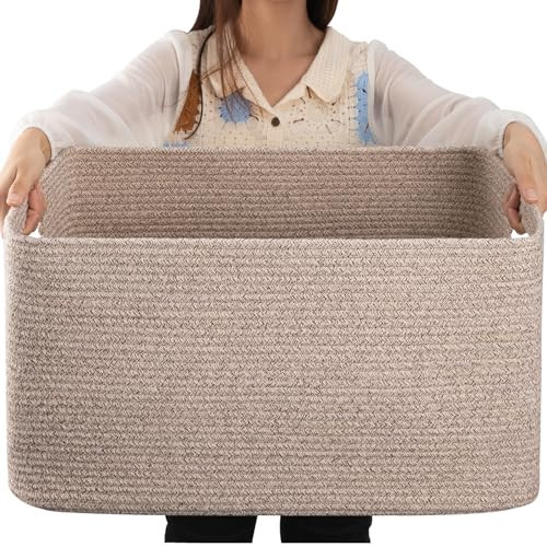 OIAHOMY 75L Large Blanket Basket, 22”x17”x12” Woven Cotton Rope Storage Basket with Handle for Organizing Blanket and Toys for Living Room, Nursery, Brown Variegated | Amazon (US)