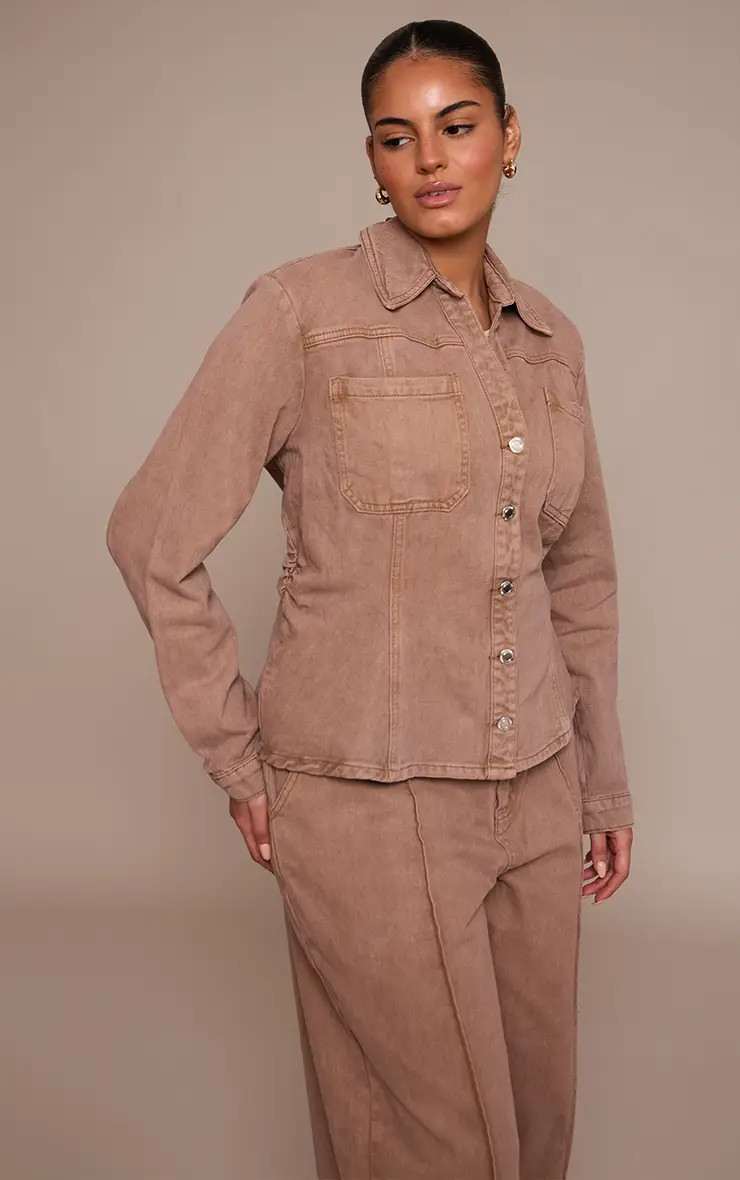 Taupe Fitted Denim Shirt | PrettyLittleThing USA | PrettyLittleThing US