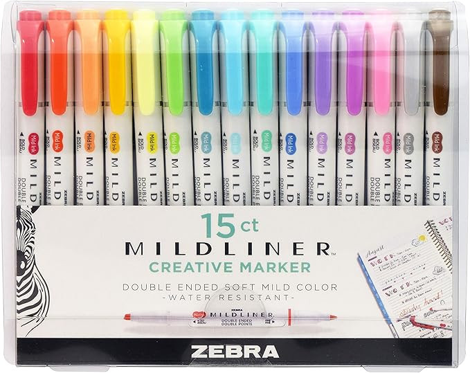 Zebra Pen Mildliner, Double Ended Highlighter, Broad and Fine Tips, Assorted Colors, 15 Pack | Amazon (US)